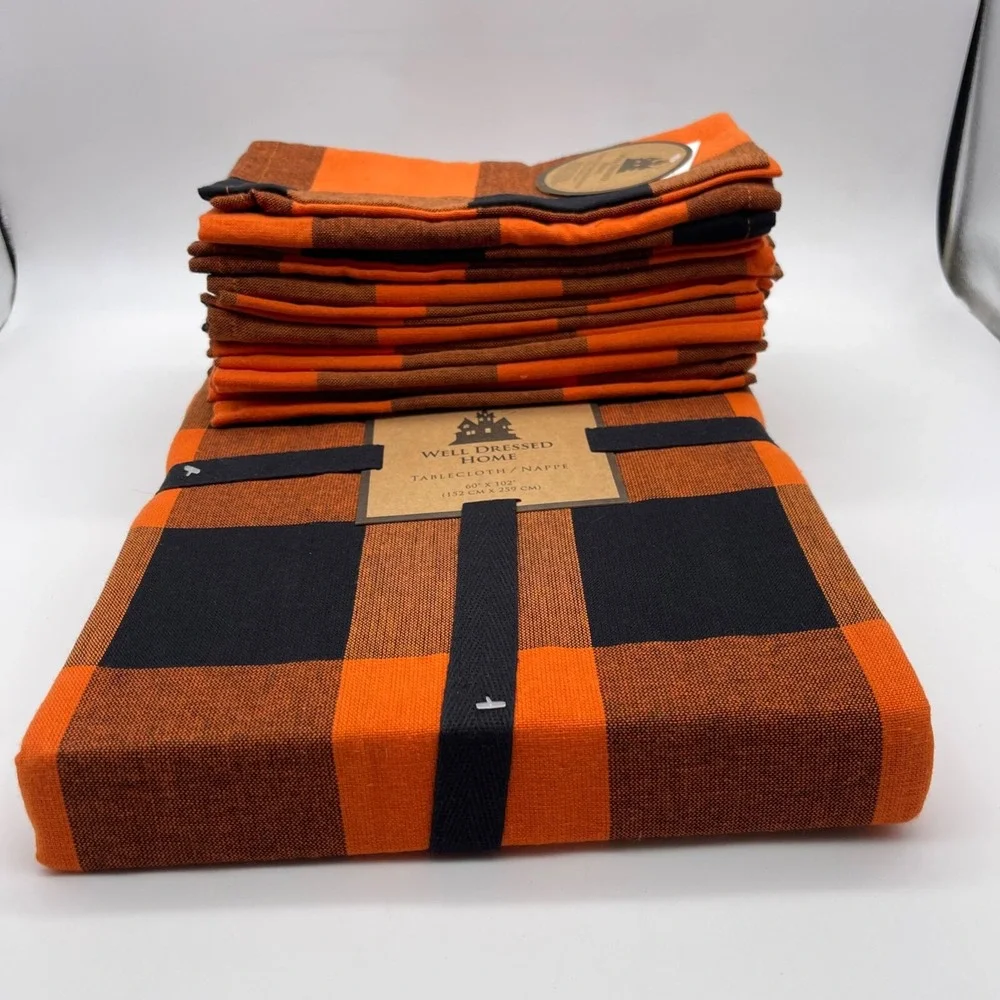Well Dressed Home Fall Black & Orange‎ Plaid Tablecloth and 12 Napkins Set